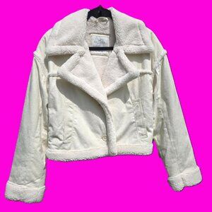 HOLLISTER Sherpa Cropped Jacket Women's S Cream off white Microfiber Faux Suede